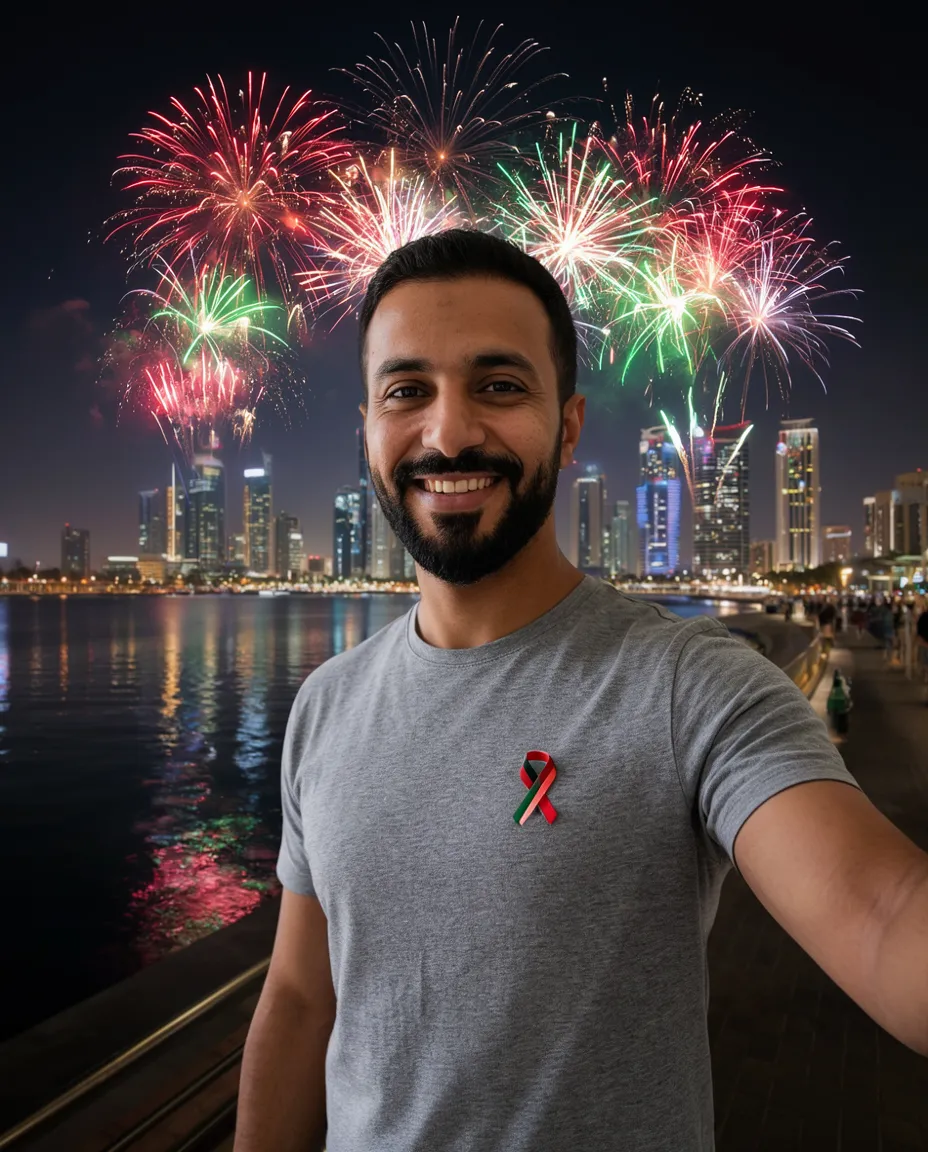 AI selfie with fireworks over a UAE waterfront skyline