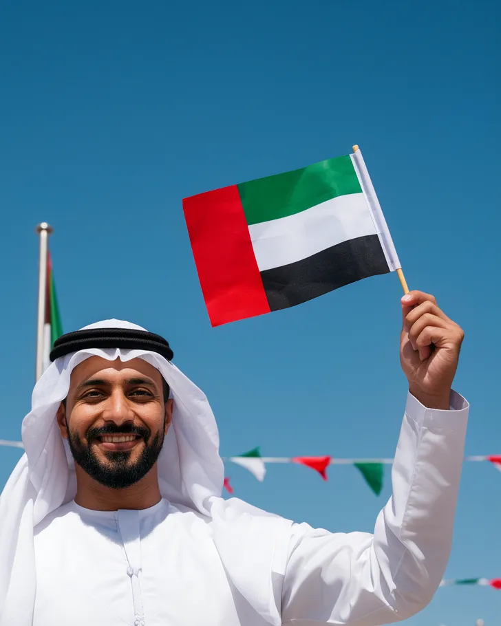 AI Flag Day portrait of a man in a kandura raising a UAE flag