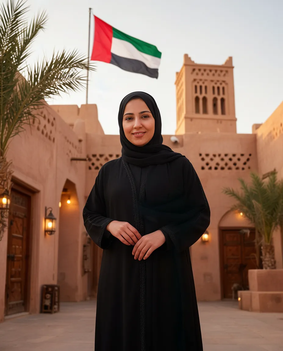 AI Emirati heritage portrait of a woman in an abaya and shayla